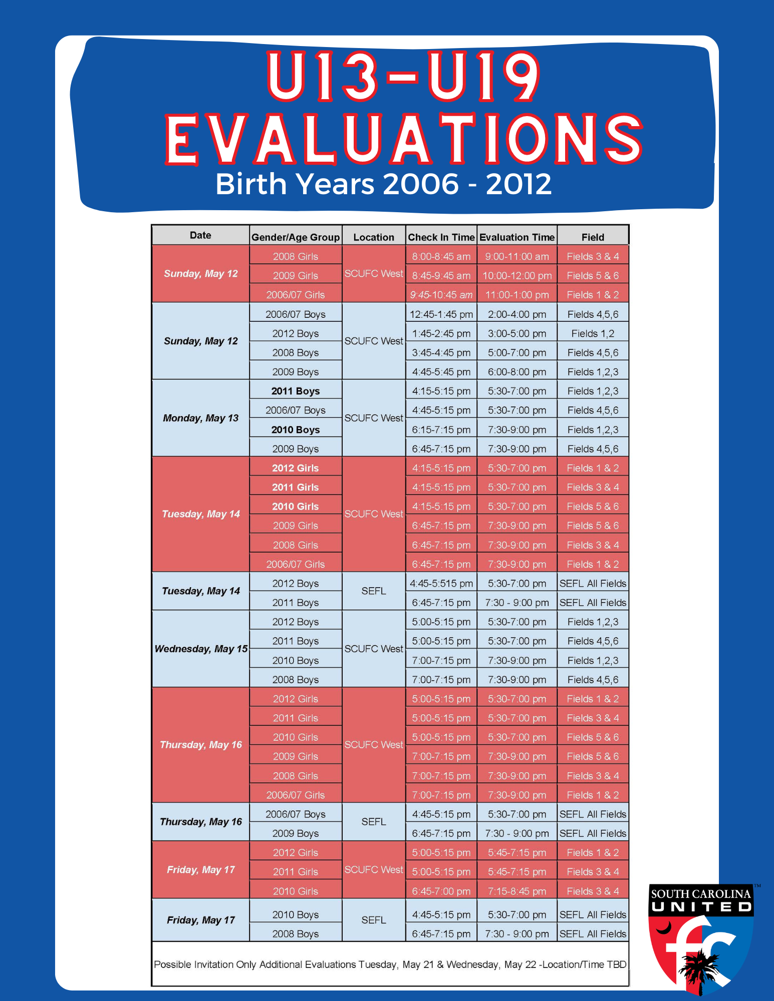 U13-U19 2024/2025 Evaluation Schedule